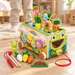 Drevená vzdelávacia kocka „žabka“ 8 v 1 – vozík, triedič, cimbaly, lovenie červíkov – ECOTOYS