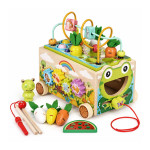 Drevená vzdelávacia kocka „žabka“ 8 v 1 – vozík, triedič, cimbaly, lovenie červíkov – ECOTOYS
