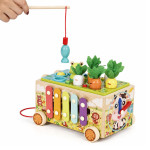 Drevená vzdelávacia kocka „žabka“ 8 v 1 – vozík, triedič, cimbaly, lovenie červíkov – ECOTOYS