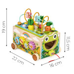 Drevená vzdelávacia kocka „žabka“ 8 v 1 – vozík, triedič, cimbaly, lovenie červíkov – ECOTOYS
