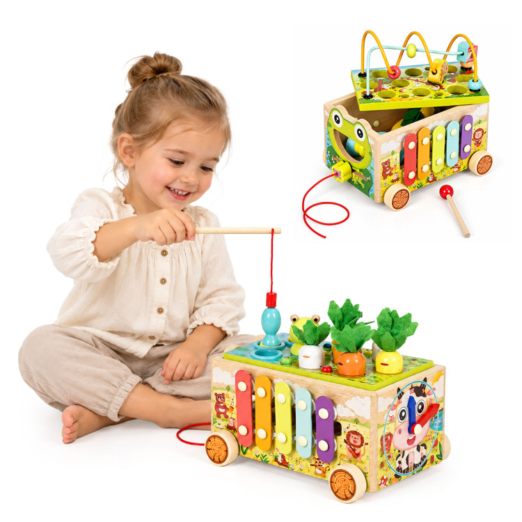 Drevená vzdelávacia kocka „žabka“ 8 v 1 – vozík, triedič, cimbaly, lovenie červíkov – ECOTOYS