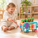Drevená vzdelávacia kocka – sloník 8 v 1: vozík, triedič, zvončeky, lovenie červíkov – ECOTOYS Drevená vzdelávacia kocka – sloník 8 v 1: vozík, triedič, zvončeky, lovenie červíkov – ECOTOYS