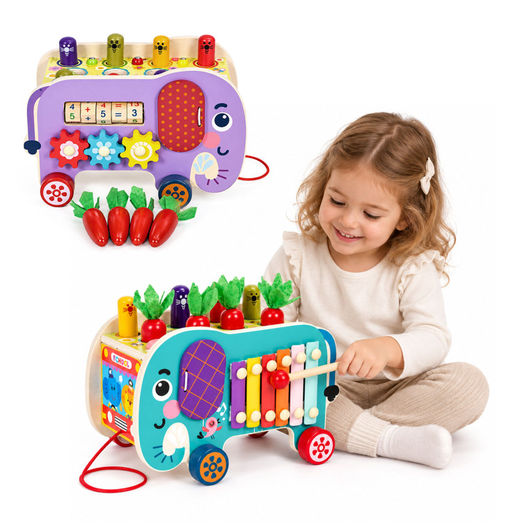 Drevená vzdelávacia kocka – sloník 8 v 1: vozík, triedič, zvončeky, lovenie červíkov – ECOTOYS Drevená vzdelávacia kocka – sloník 8 v 1: vozík, triedič, zvončeky, lovenie červíkov – ECOTOYS