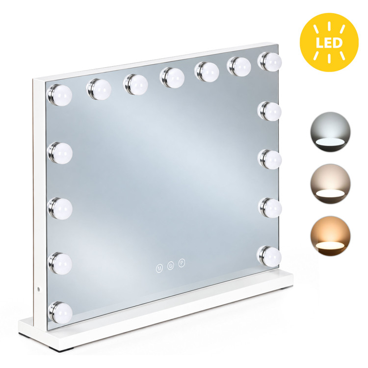 LED zrkadlo na líčenie 57 x 46 cm, kozmetické, s podsvietením, 3 farby, nastavenie jasu, 15 žiaroviek, ModernHome