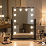 LED kozmetické zrkadlo na líčenie 30 × 40 cm s podsvietením, 3 farby, 12 žiaroviek, čierne, ModernHome