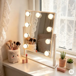 LED kozmetické zrkadlo na líčenie 25 × 30 cm s podsvietením, 3 farby, 9 žiaroviek, ModernHome LED kozmetické zrkadlo na líčenie 25 × 30 cm s podsvietením, 3 farby, 9 žiaroviek, ModernHome