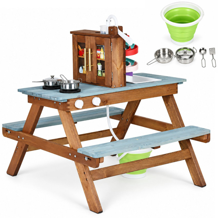 Drevená detská kuchynka na piesok, piknikový stôl a lavice, vodná pumpa, drez – ECOTOYS Drevená detská kuchynka na piesok, piknikový stôl a lavice, vodná pumpa, drez – ECOTOYS