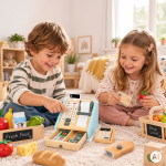 Drevená pokladňa pre deti s terminálom, skenerom bankoviek, mincí a kariet – ECOTOYS Drevená pokladňa pre deti s terminálom, skenerom bankoviek, mincí a kariet – ECOTOYS