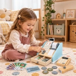 Drevená pokladňa pre deti s terminálom, skenerom bankoviek, mincí a kariet – ECOTOYS Drevená pokladňa pre deti s terminálom, skenerom bankoviek, mincí a kariet – ECOTOYS