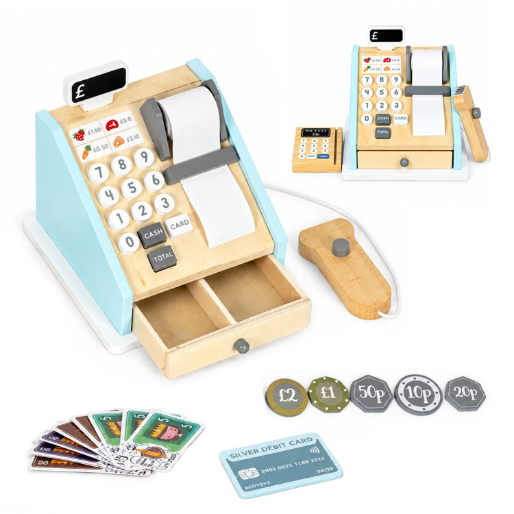 Drevená pokladňa pre deti s terminálom, skenerom bankoviek, mincí a kariet – ECOTOYS Drevená pokladňa pre deti s terminálom, skenerom bankoviek, mincí a kariet – ECOTOYS