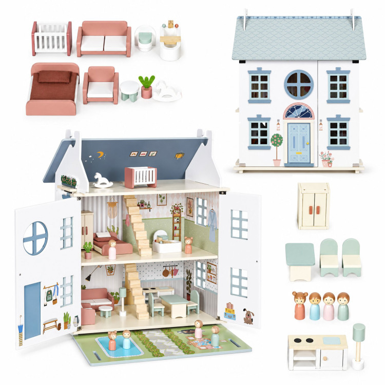 Drevený domček pre bábiky Lily, otvárací, 3 poschodia, 5 izieb, nábytok, figúrky, ECOTOYS
