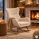 Hojdacie kreslo s ušami, relaxačné, látka bouclé teddy, krémová, ModernHome Hojdacie kreslo s ušami, relaxačné, látka bouclé teddy, krémová, ModernHome