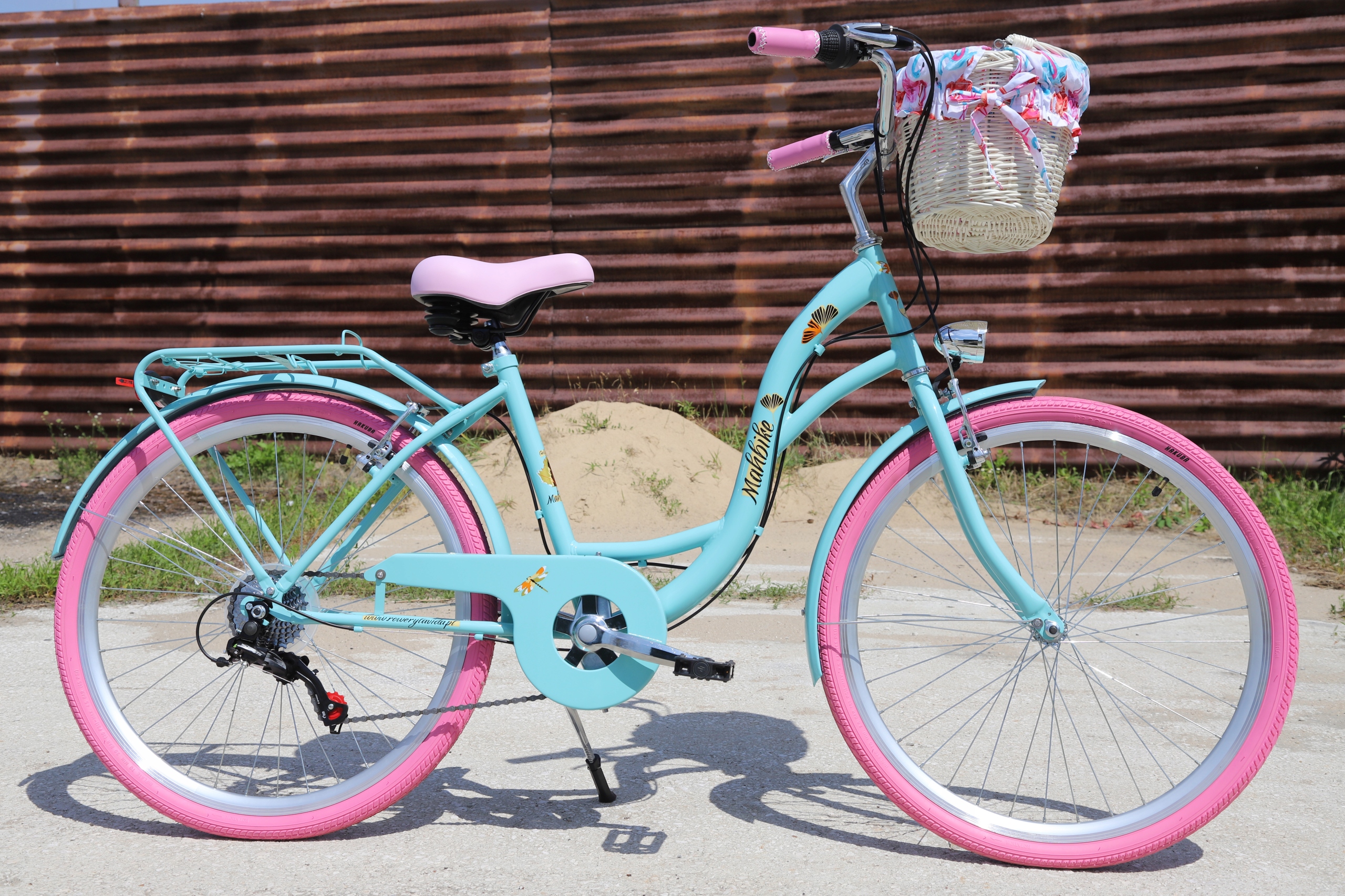 Lavida Dámsky Retro bicykel Mahbike 7-prevodový rám Modrý, ružové kolesá 26&quot; 18&quot; 2023