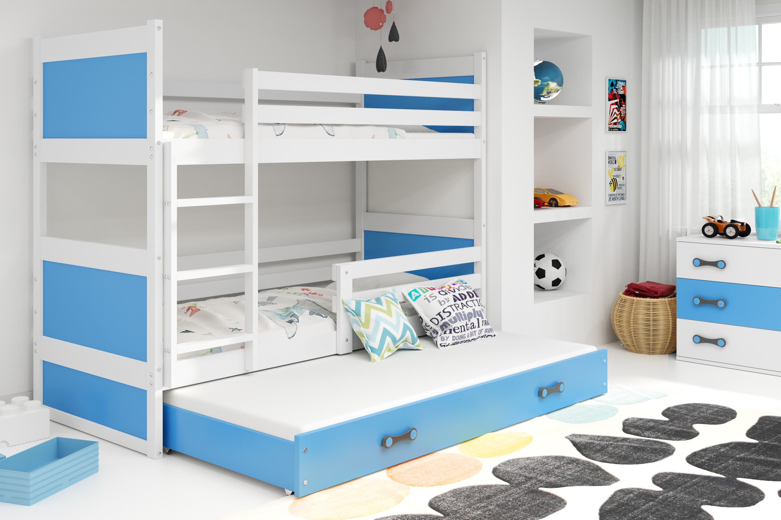 Interbeds Poschodová posteľ Rico 3 trojmiestna biela 200cm x 90cm modrá