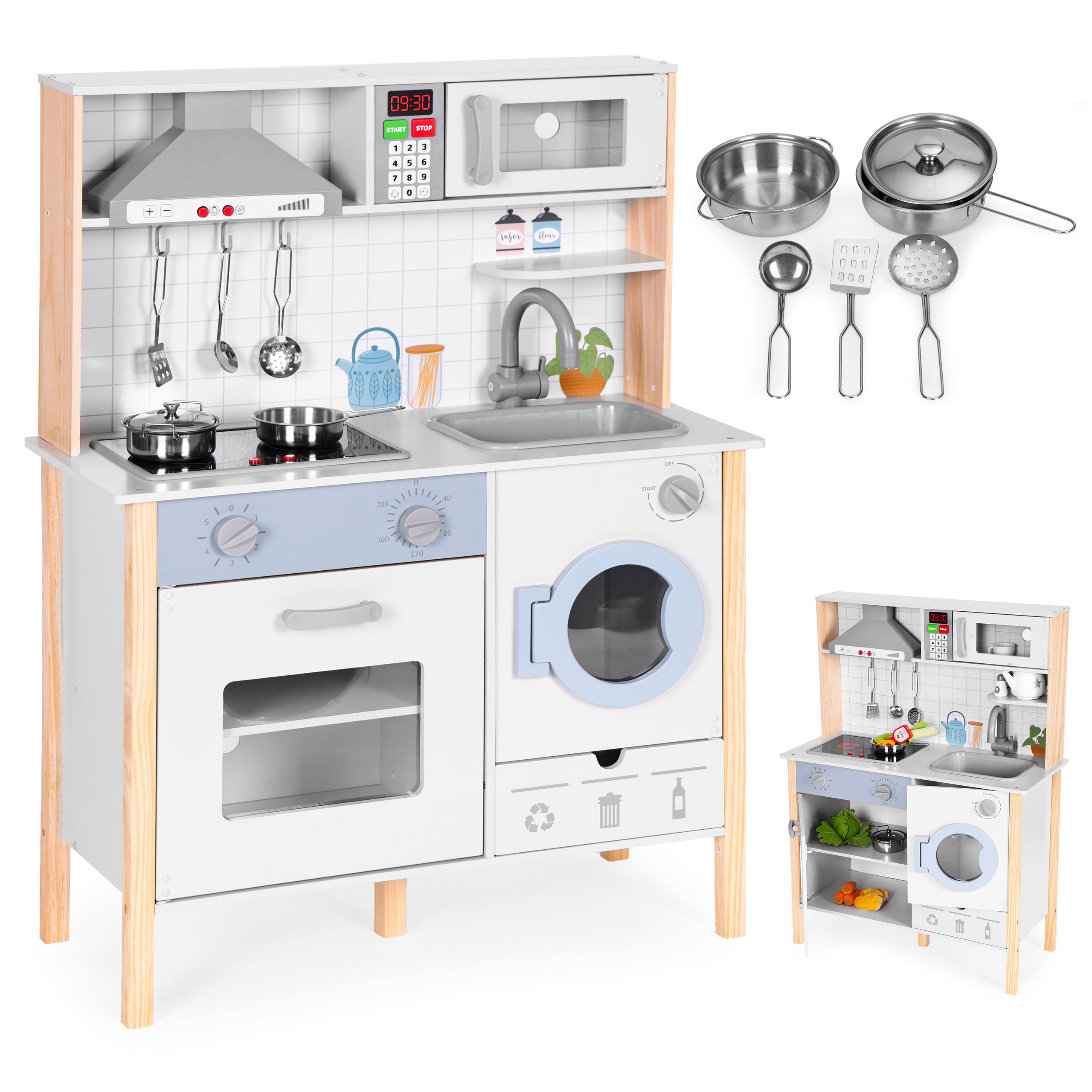 EcoToys Drevená detská kuchynka, kuchynské doplnky, zvuk, LED ECOTOYS